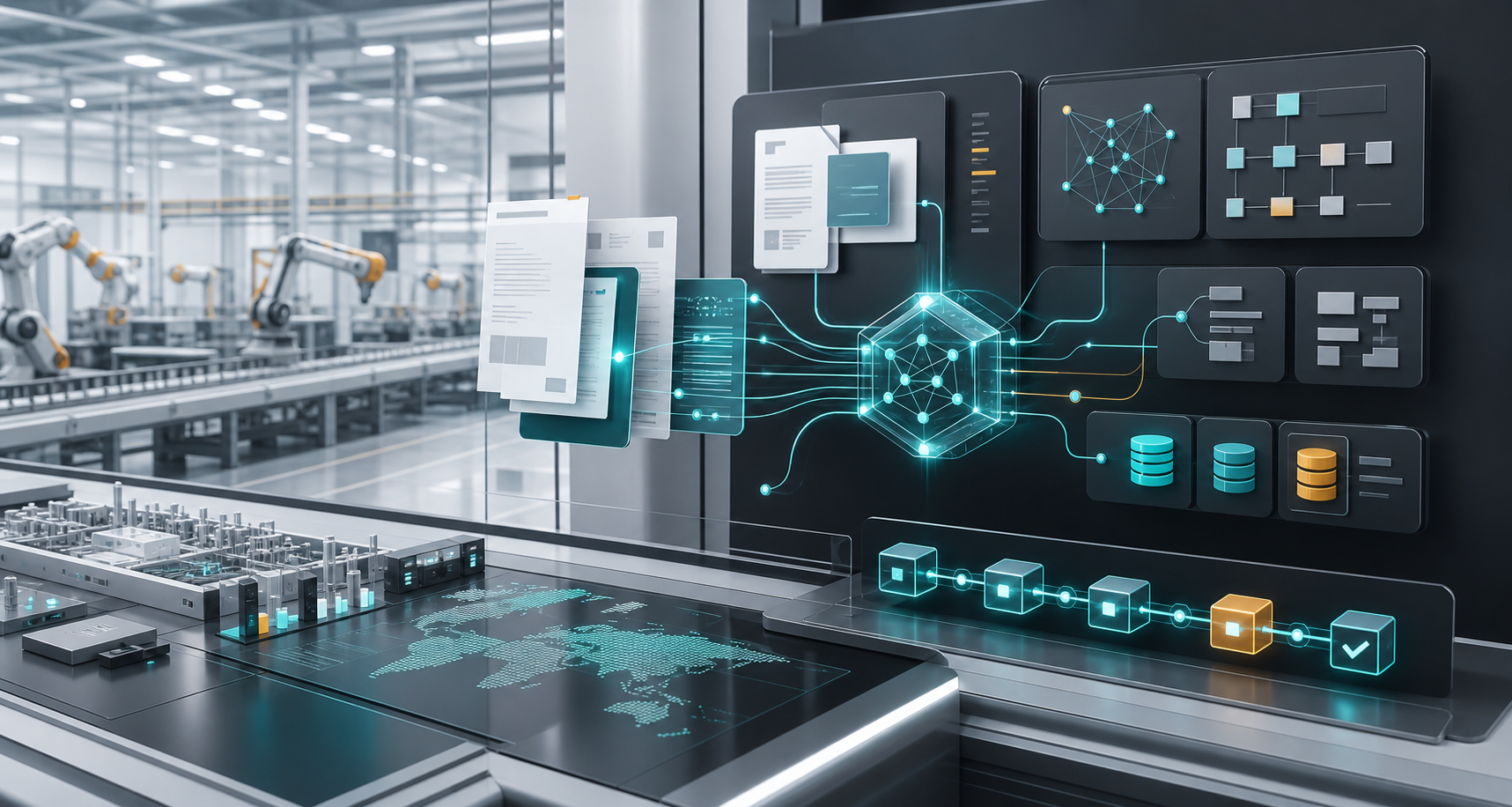 Industrial production line connected to document OCR, AI processing, ERP data, and an automated approval pipeline
